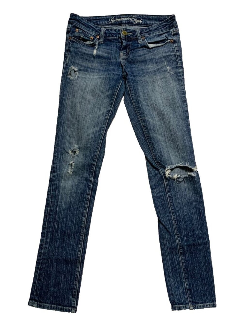 VTG Y2K American Eagle Skinny 77 Jeans Size 4 Low Rise Distressed Denim Blue